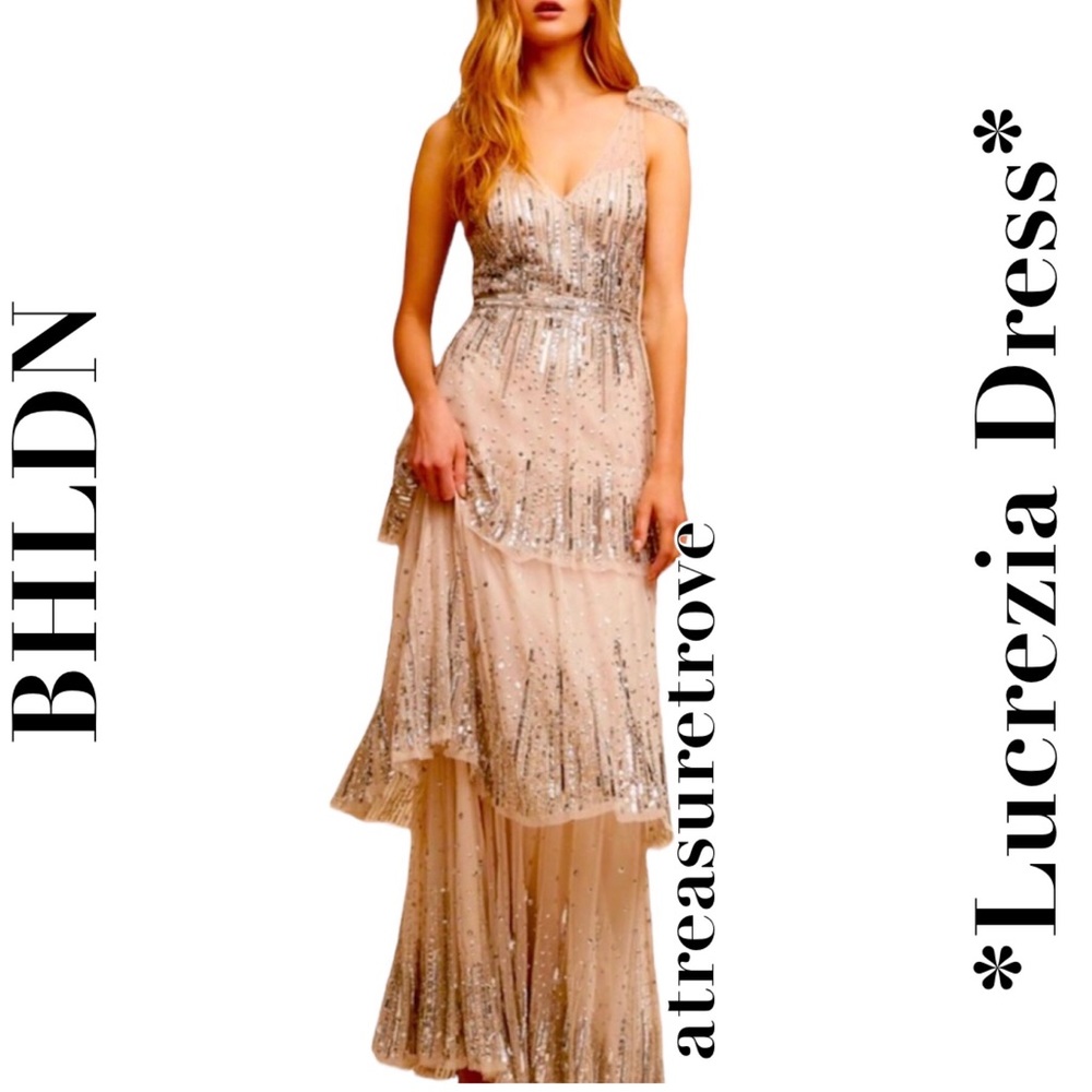 BHLDN Aidan Mattox Lucrezia 10 Tiered Allover Sequin Champagne Silver Maxi Gown